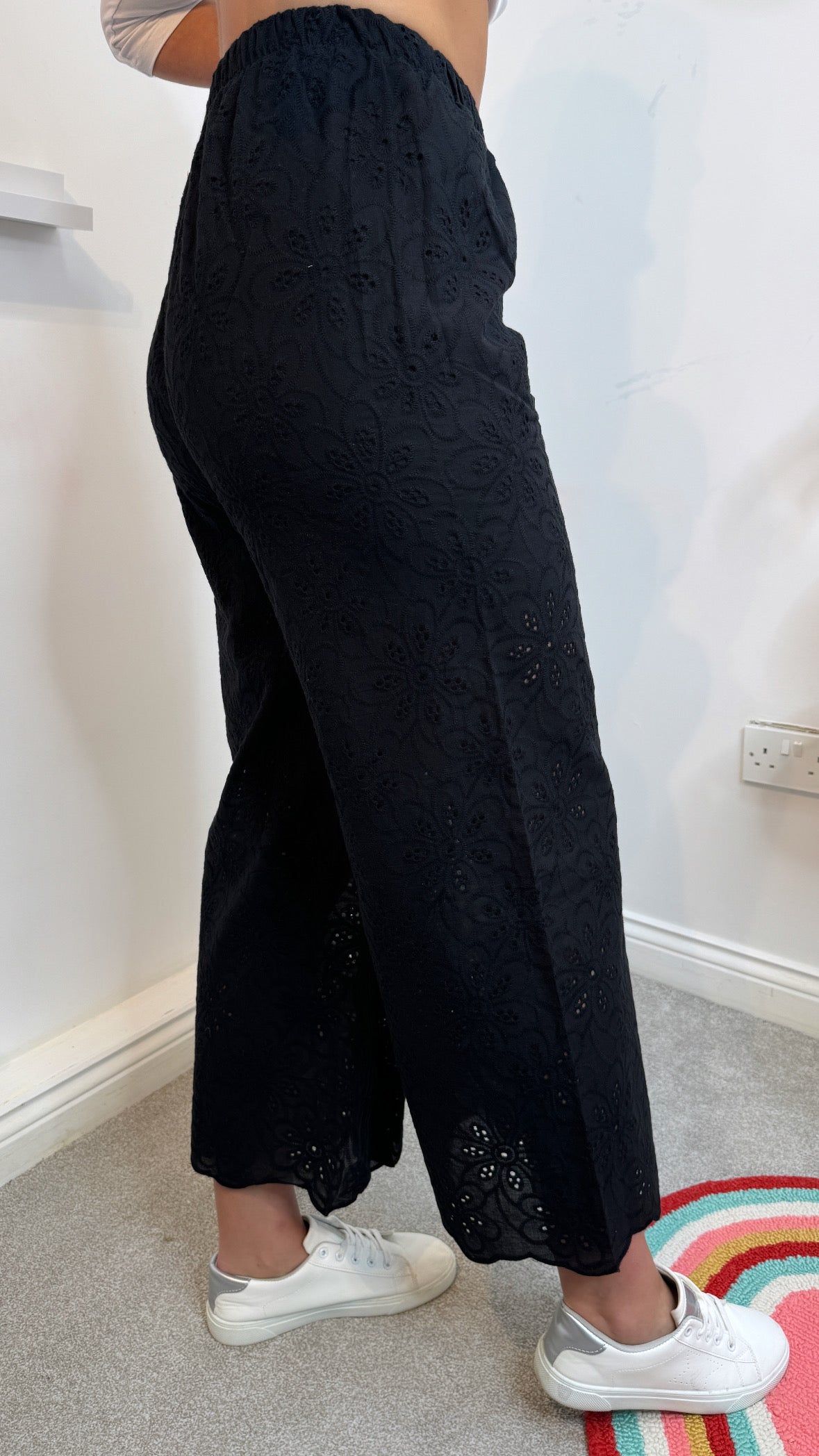 Ella Black Broderie Cotton Wide Leg Trousers