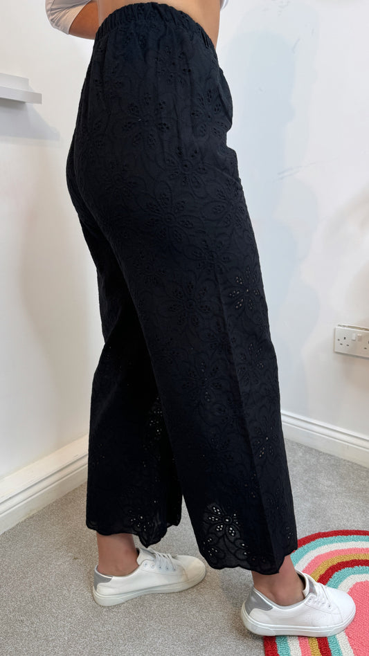Ella Black Broderie Cotton Wide Leg Trousers