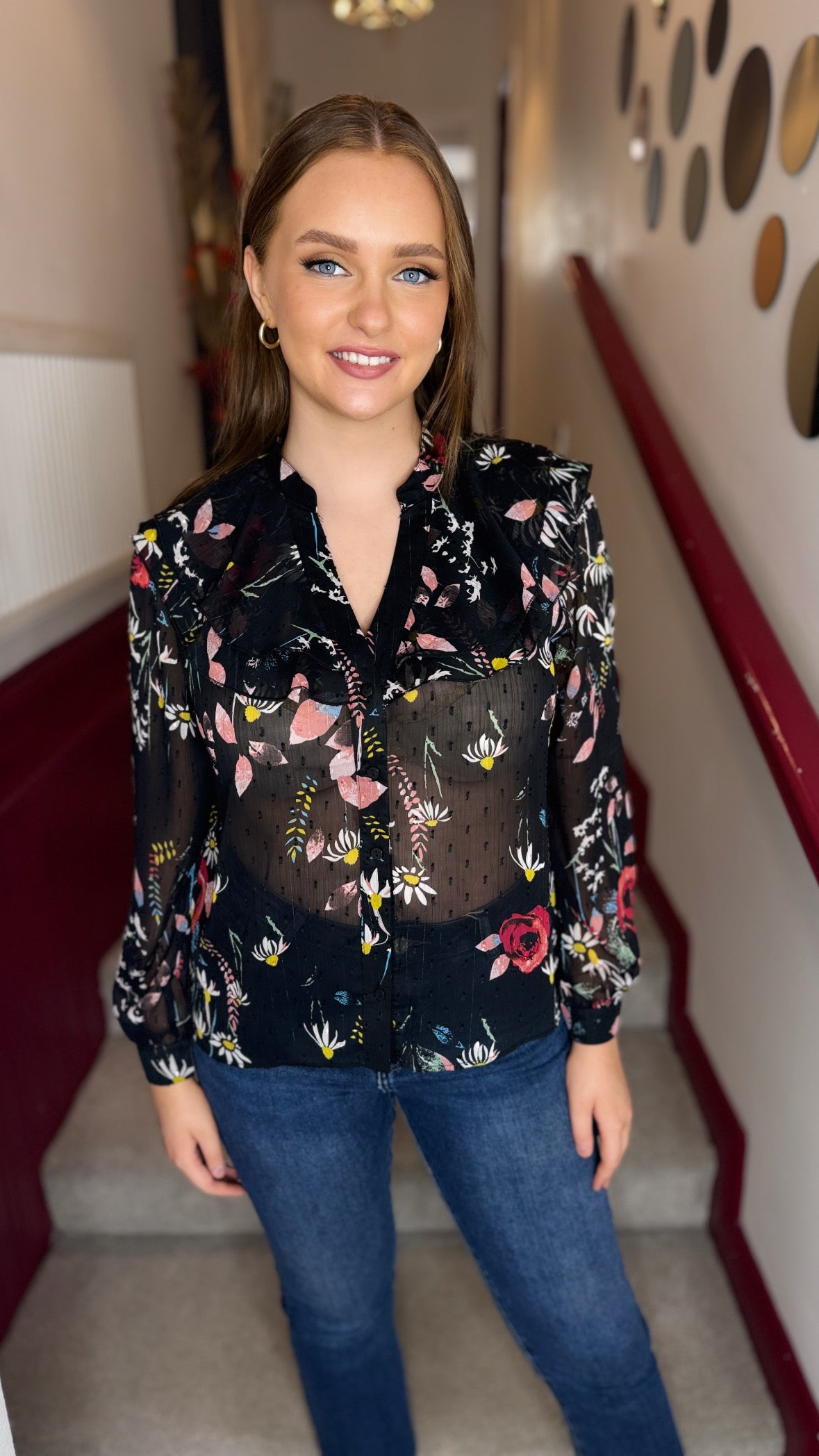 Gabby Black Floral Frill Blouse