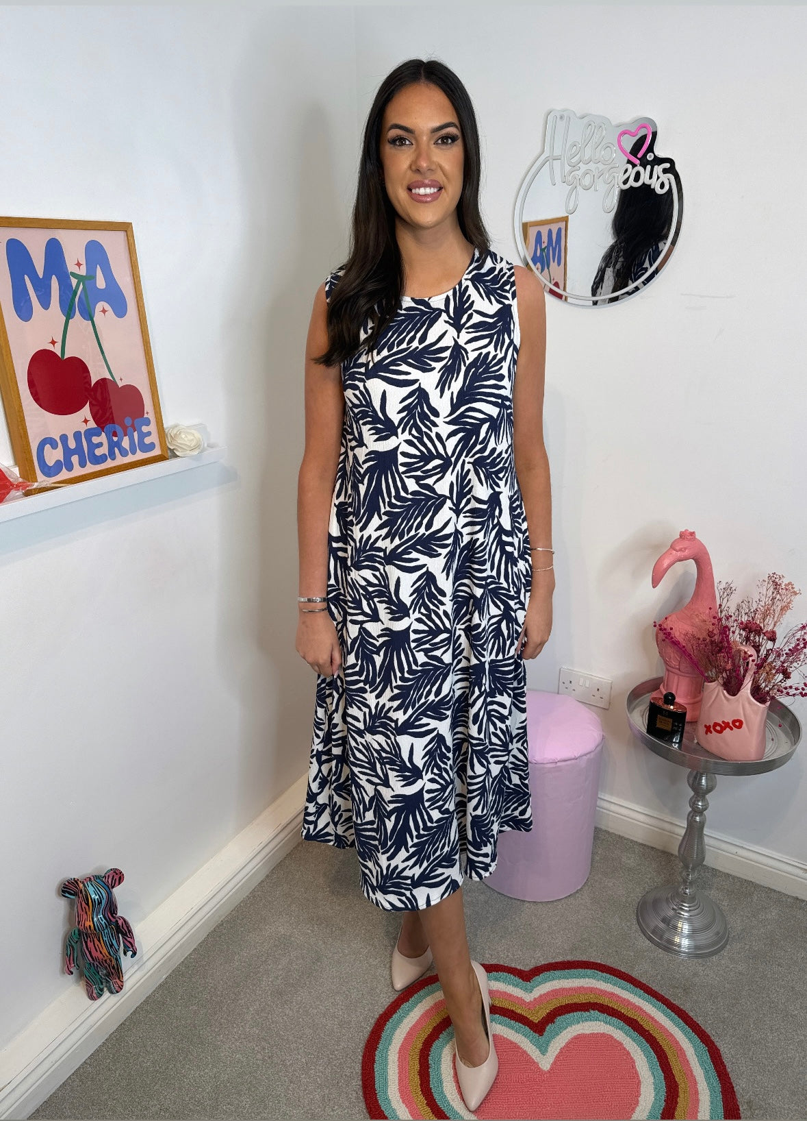 Sandra Navy Leaf Print Sleeveless Dress