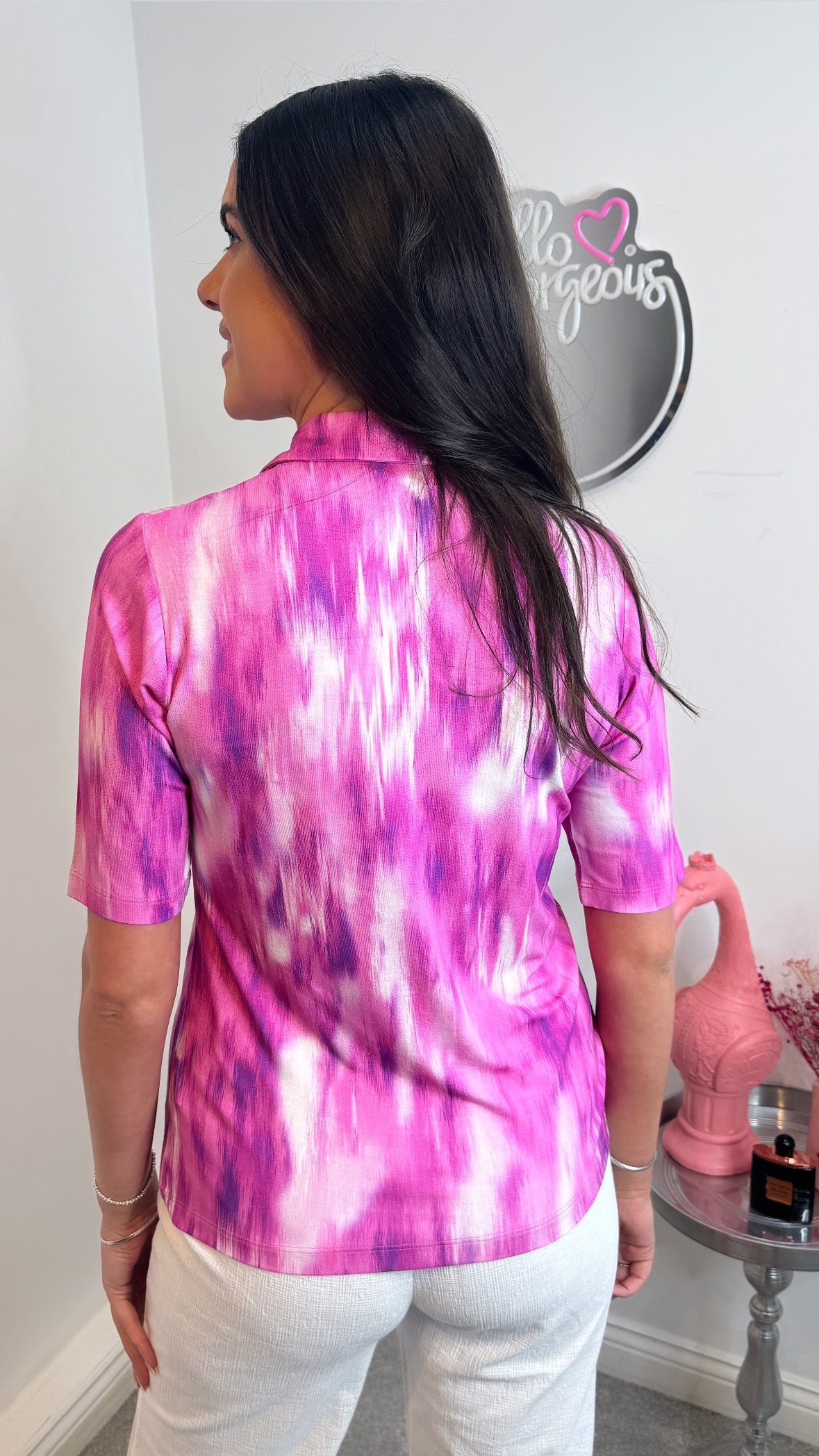 Briana Pink Brushstroke Print Polo Shirt