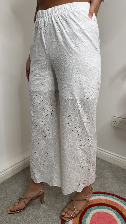 Ella White Broderie Cotton Wide Leg Trousers