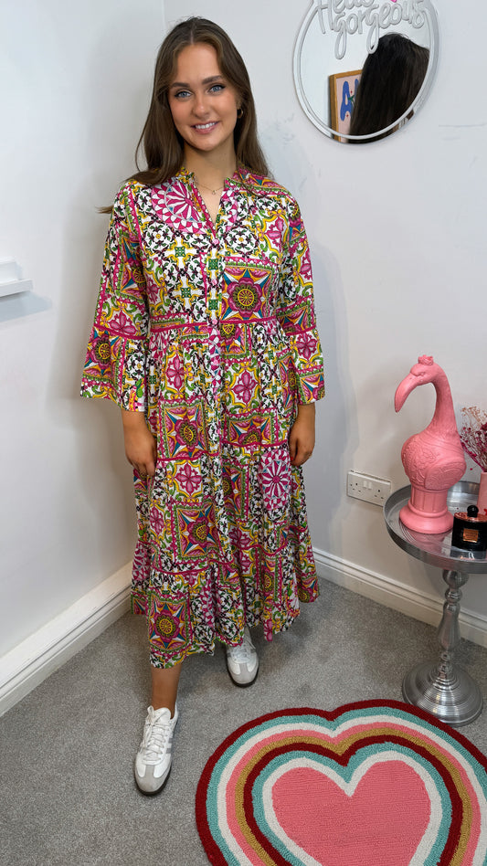 Bhavya Pink Aztec Print Maxi Shirt Dress