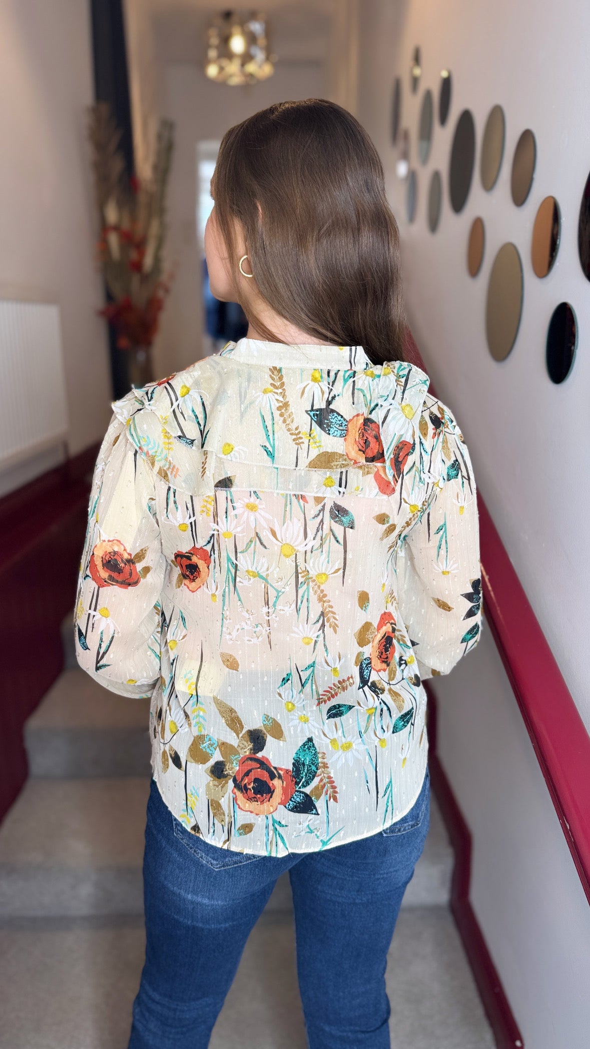 Gabby Beige Floral Frill Blouse