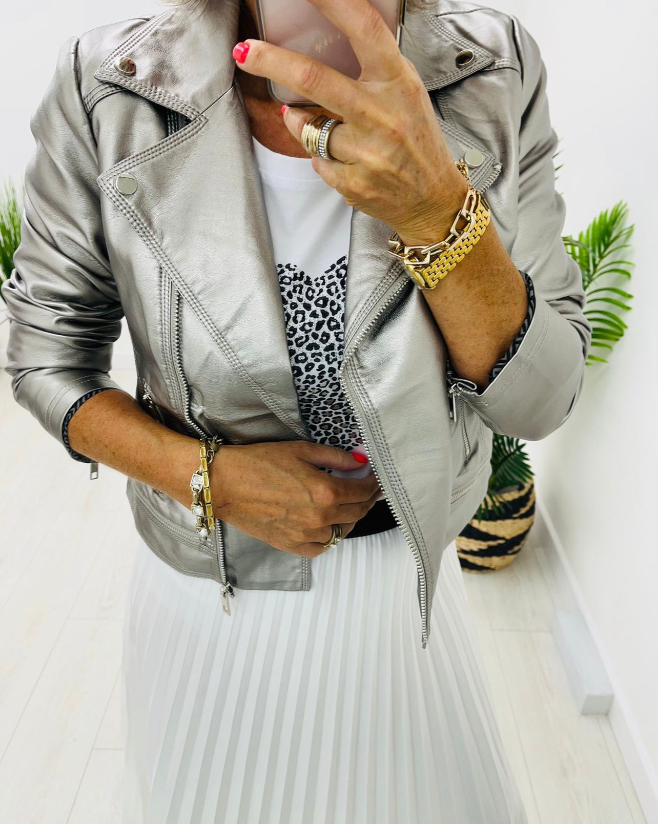 Georgia Silver Faux Leather Biker Jacket