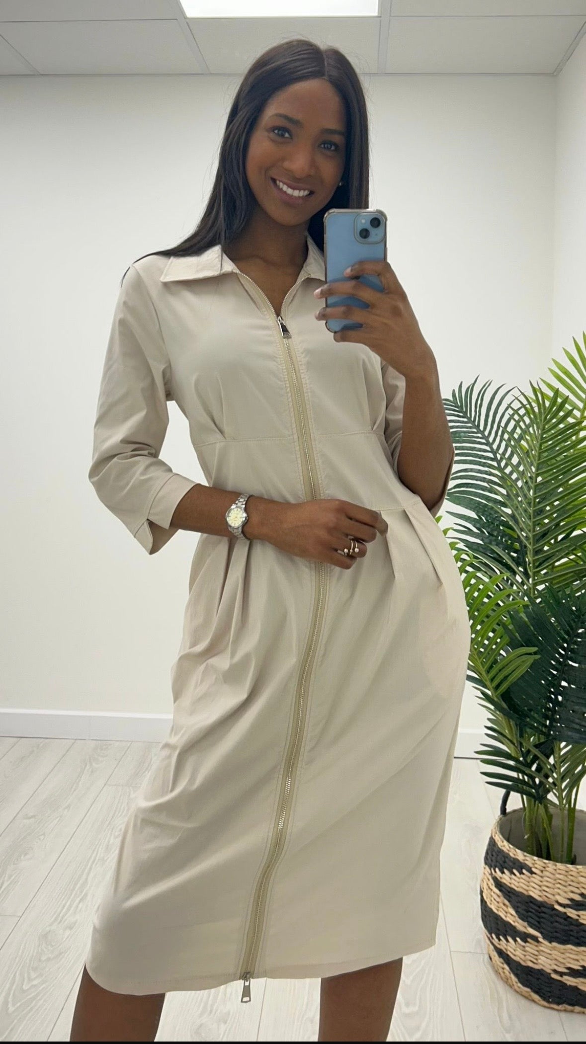 Kayla Beige Zip Midi Dress