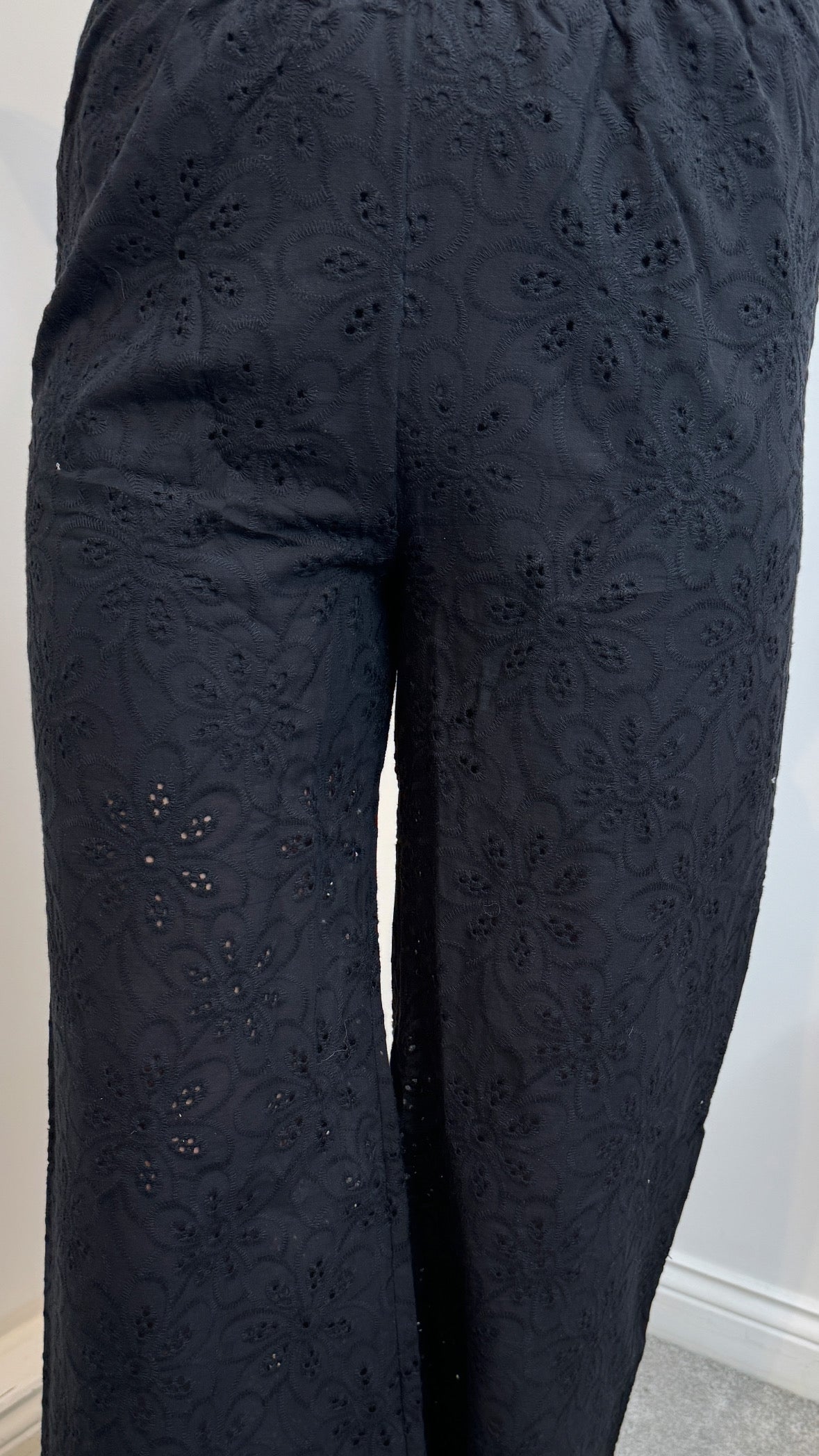 Ella Black Broderie Cotton Wide Leg Trousers