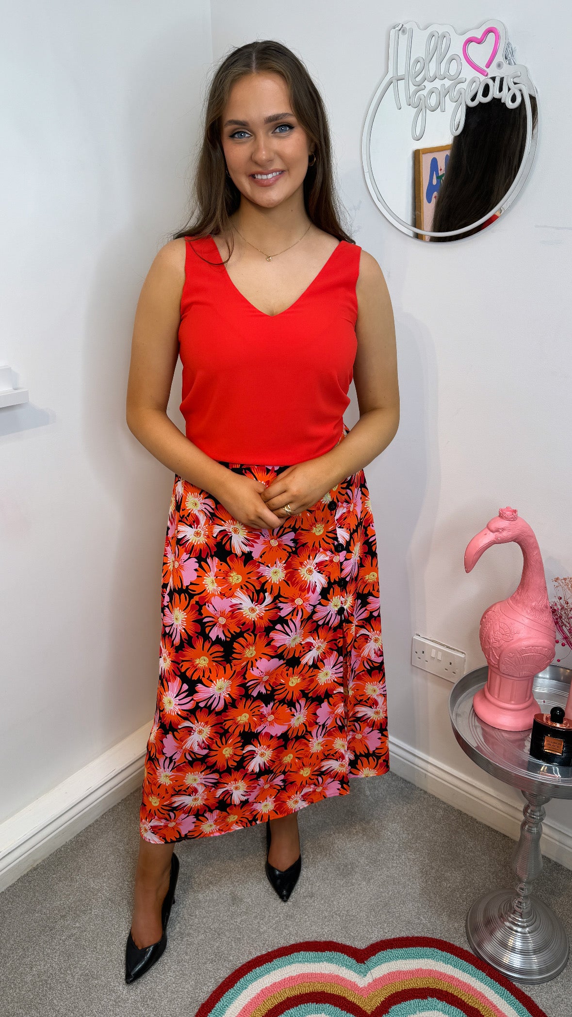 Sila Orange A-Line Floral Skirt