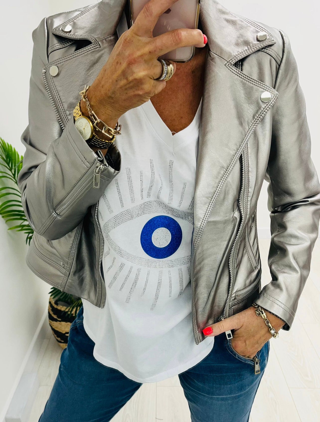Georgia Silver Faux Leather Biker Jacket