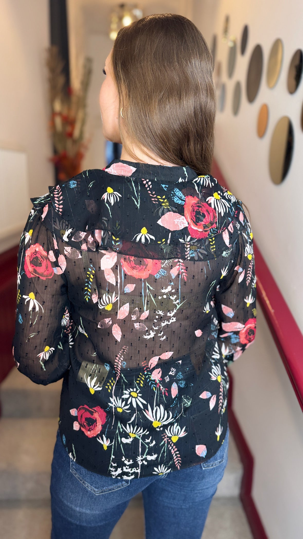 Gabby Black Floral Frill Blouse
