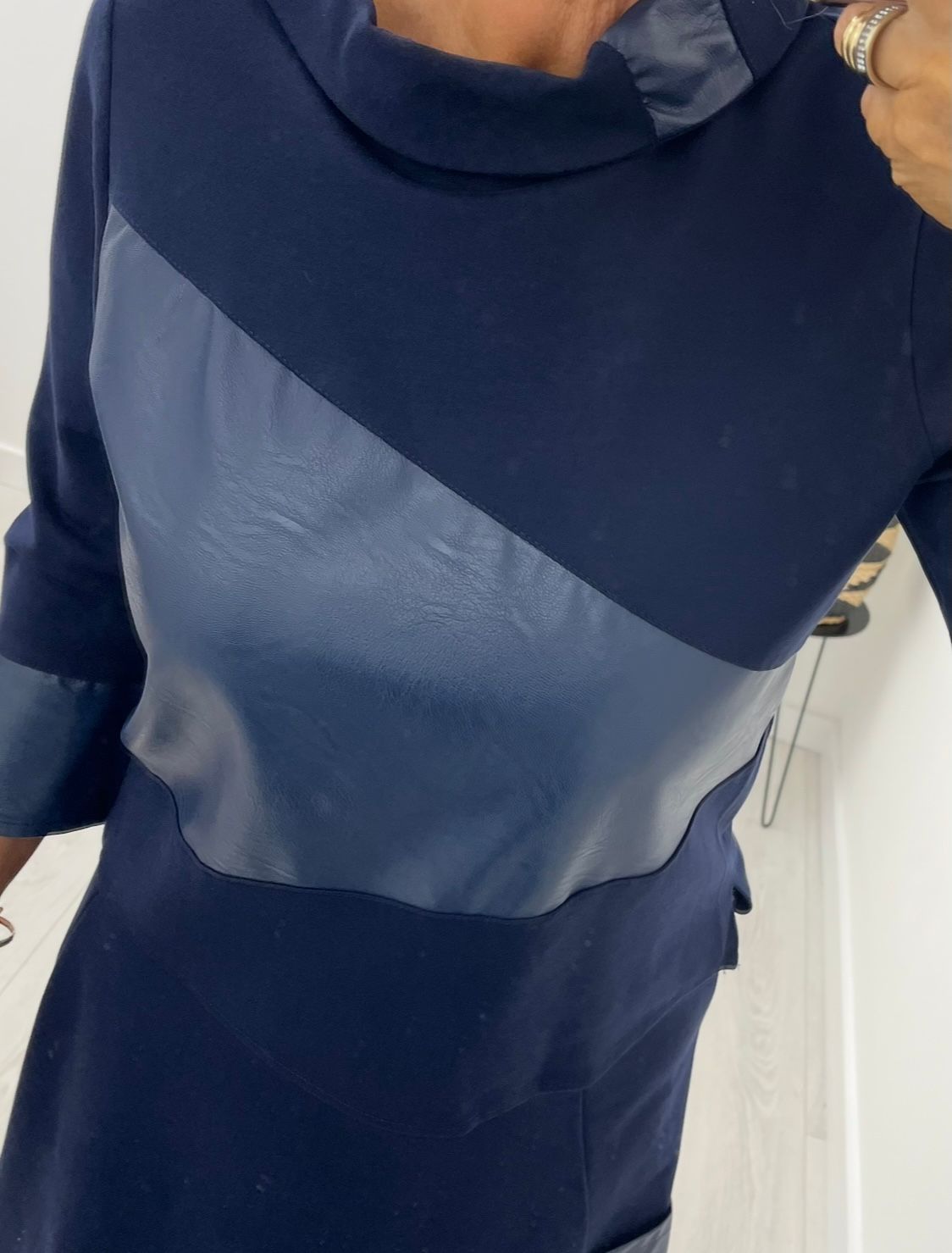 Carley Navy Leather Panel Blouse