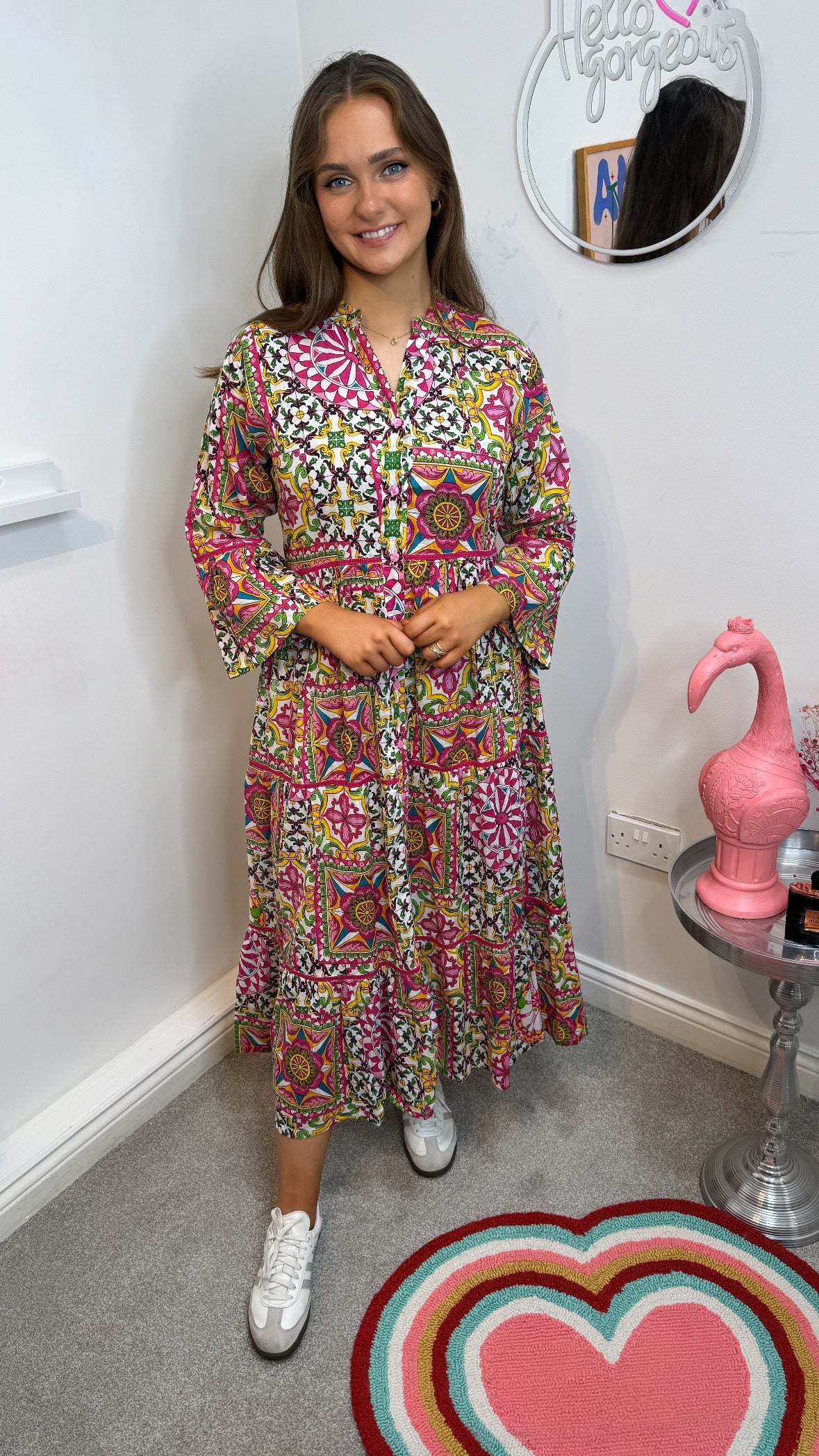 Bhavya Pink Aztec Print Maxi Shirt Dress