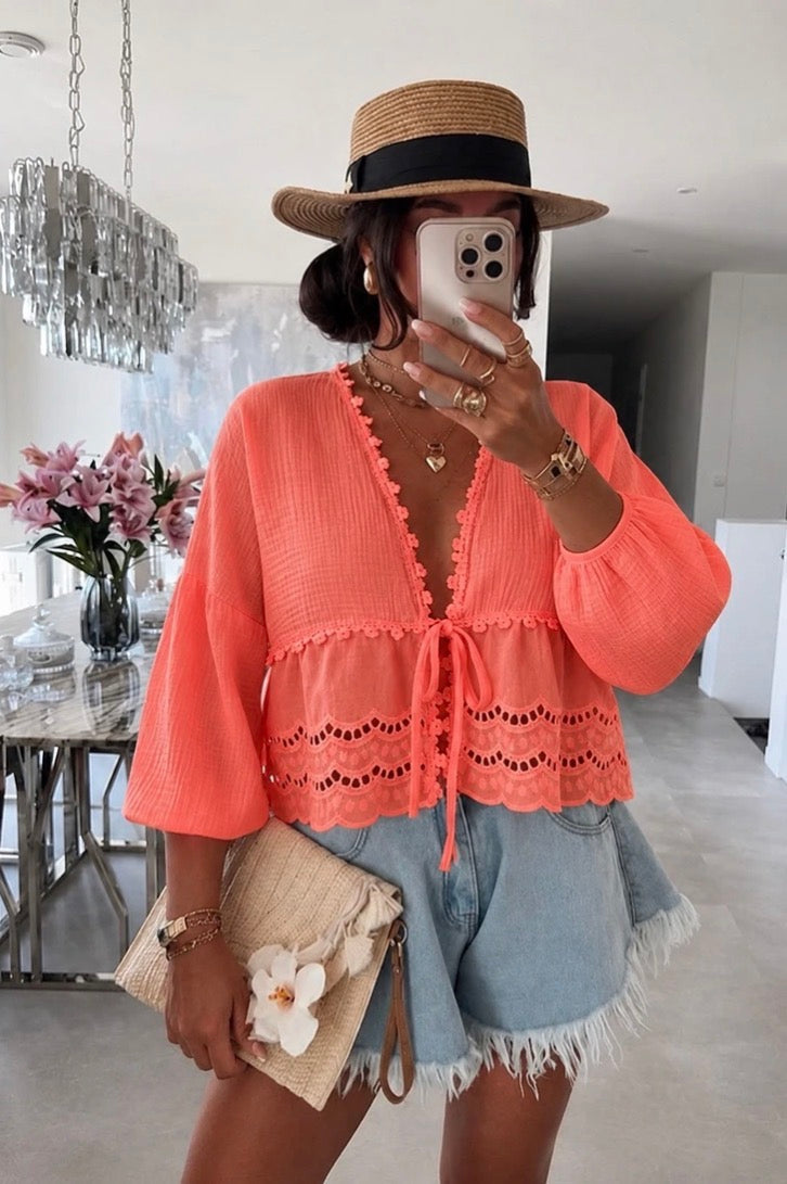Jada Coral Tie Front Blouse
