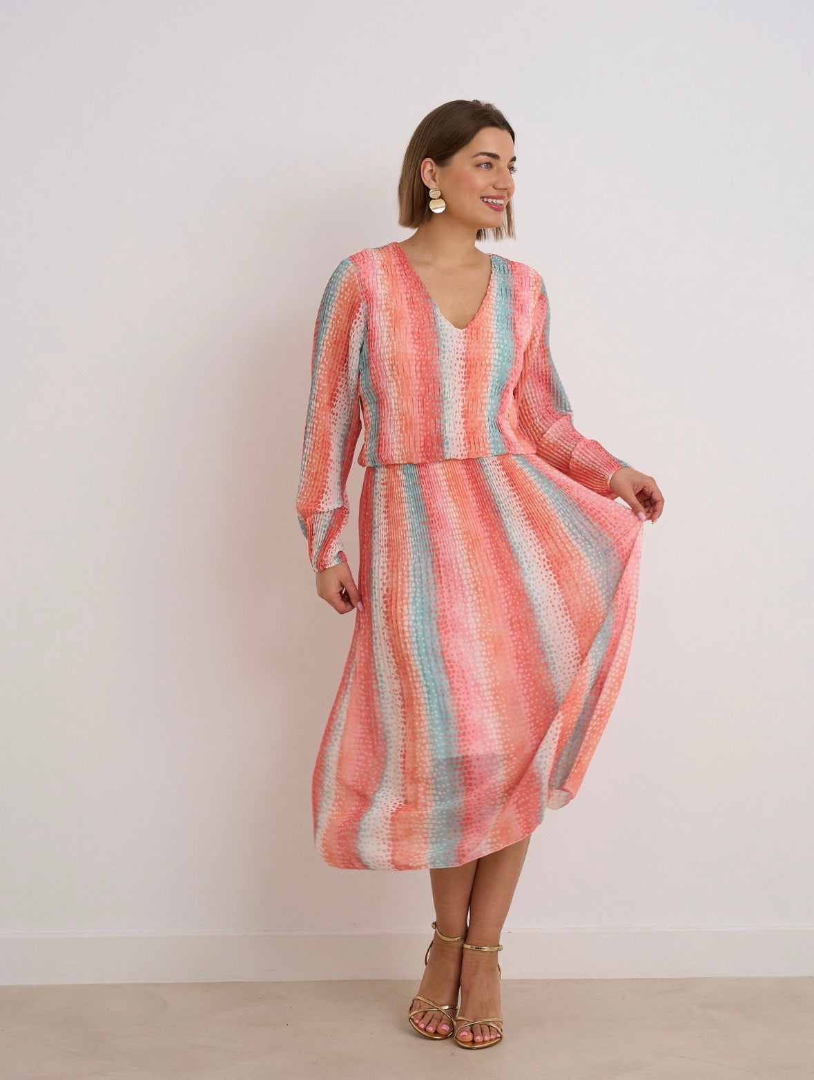 Reagan Coral Pleated Printed Dress