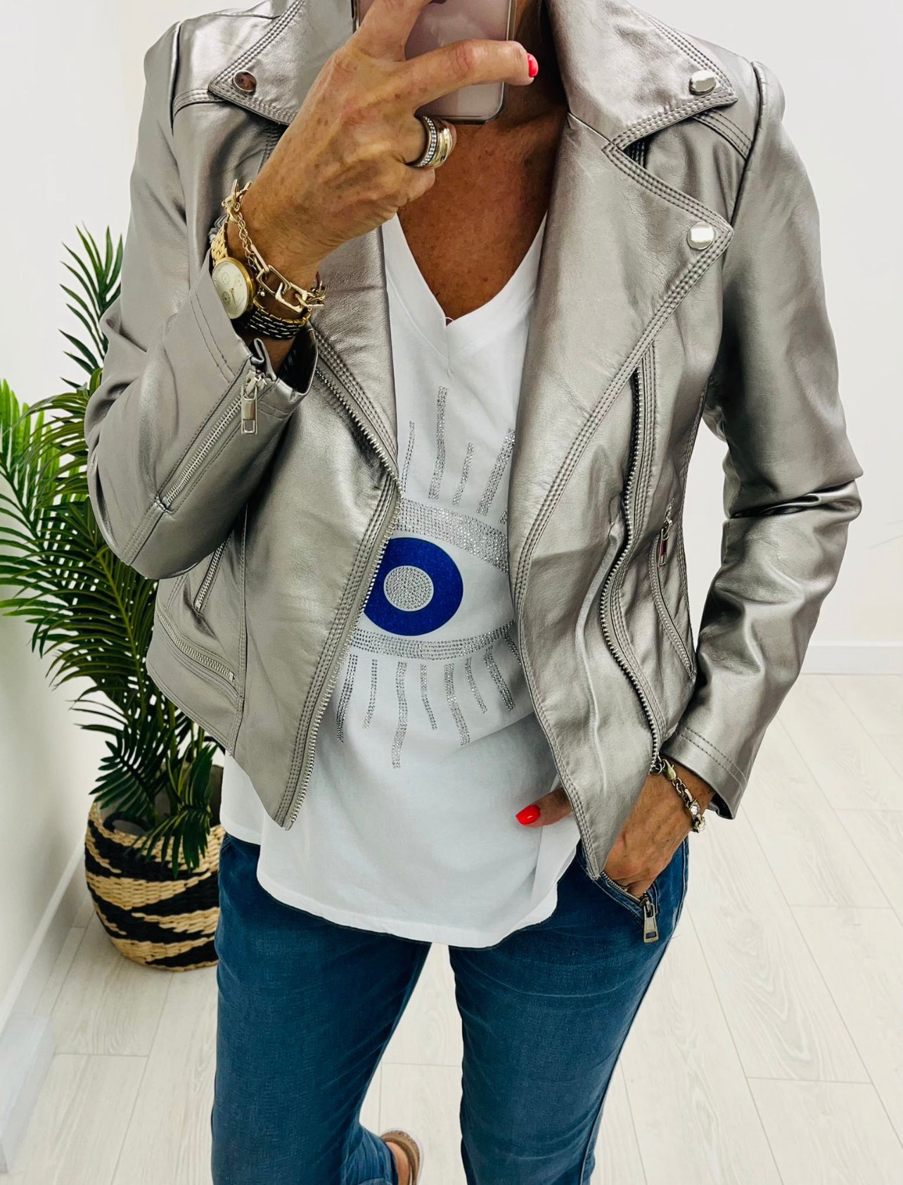 Georgia Silver Faux Leather Biker Jacket