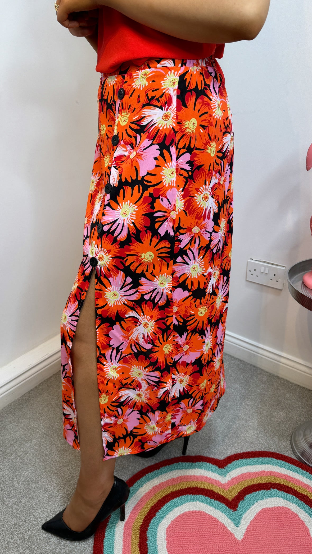 Sila Orange A-Line Floral Skirt