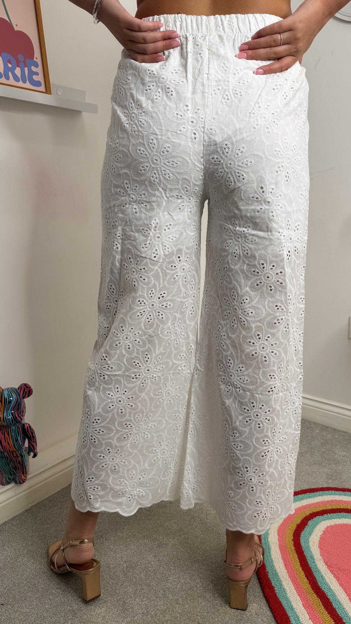 Ella White Broderie Cotton Wide Leg Trousers