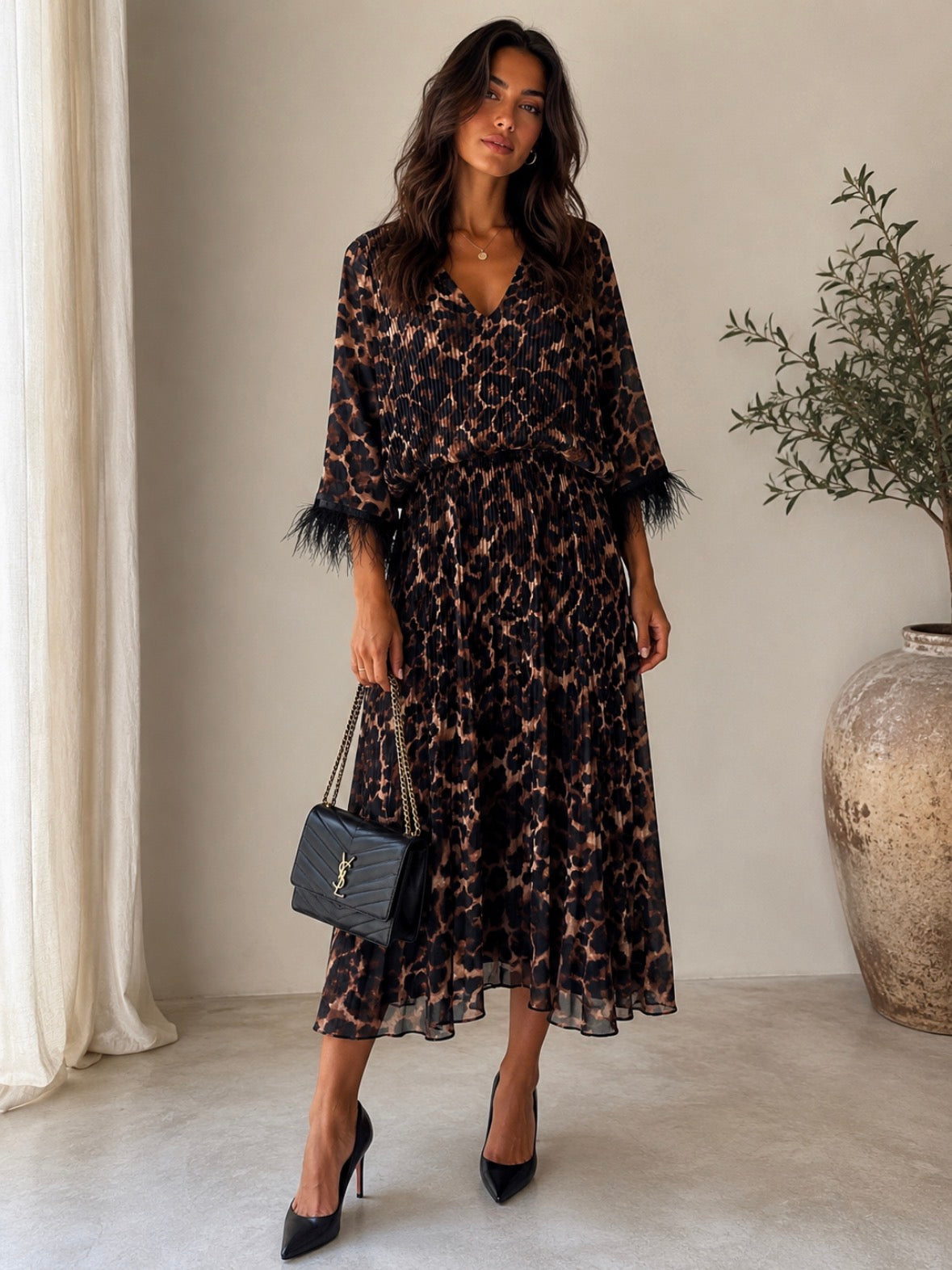 Louisa Leopard Print Pleated Midi Dress