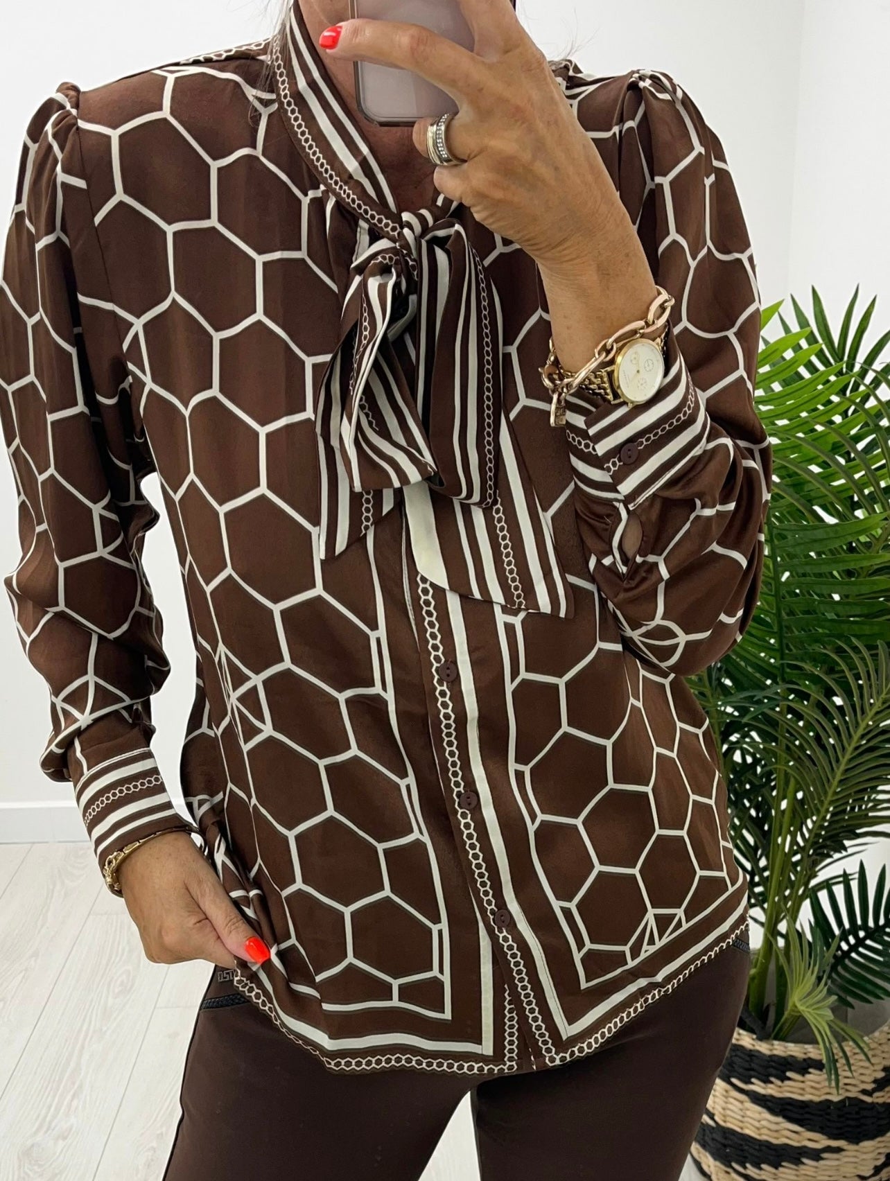Cassie Chain Print Tie Neck Blouse