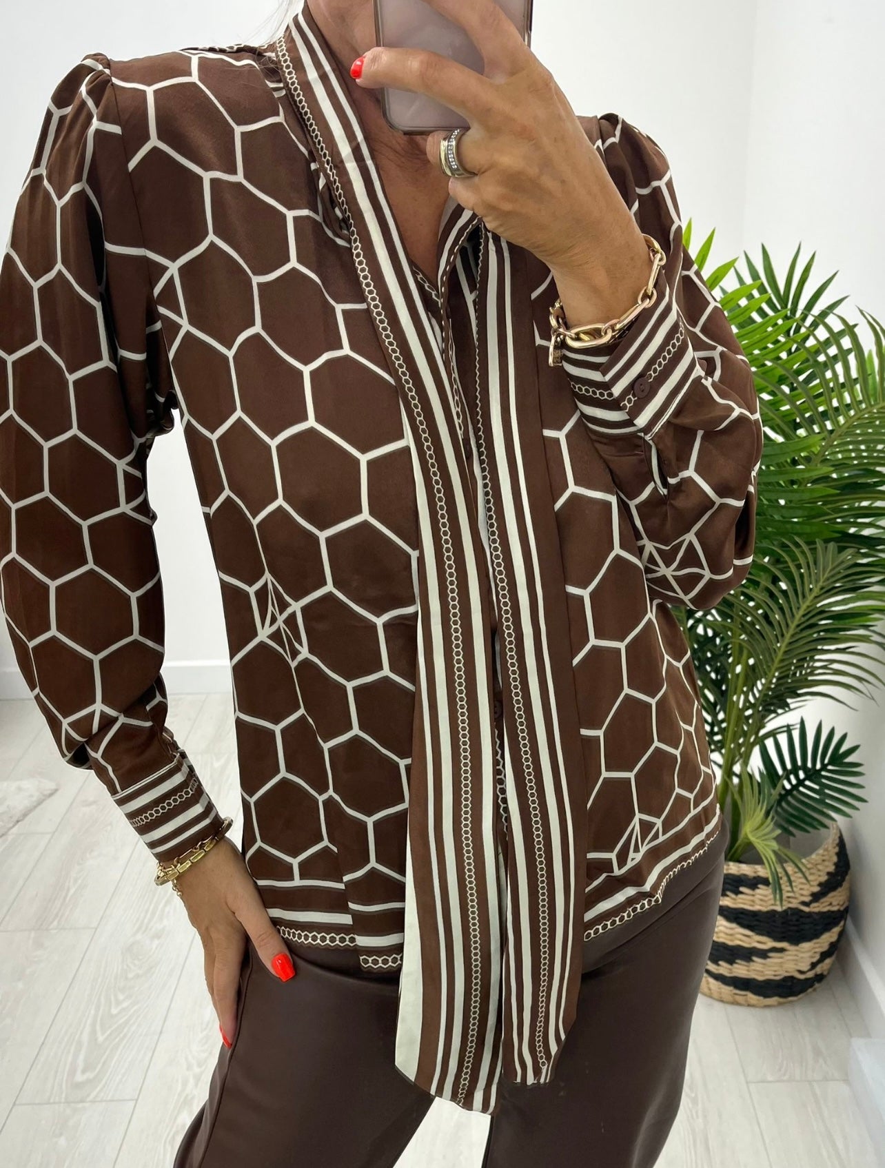 Cassie Chain Print Tie Neck Blouse