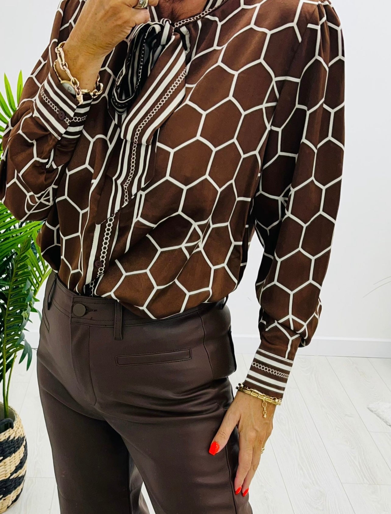 Cassie Chain Print Tie Neck Blouse
