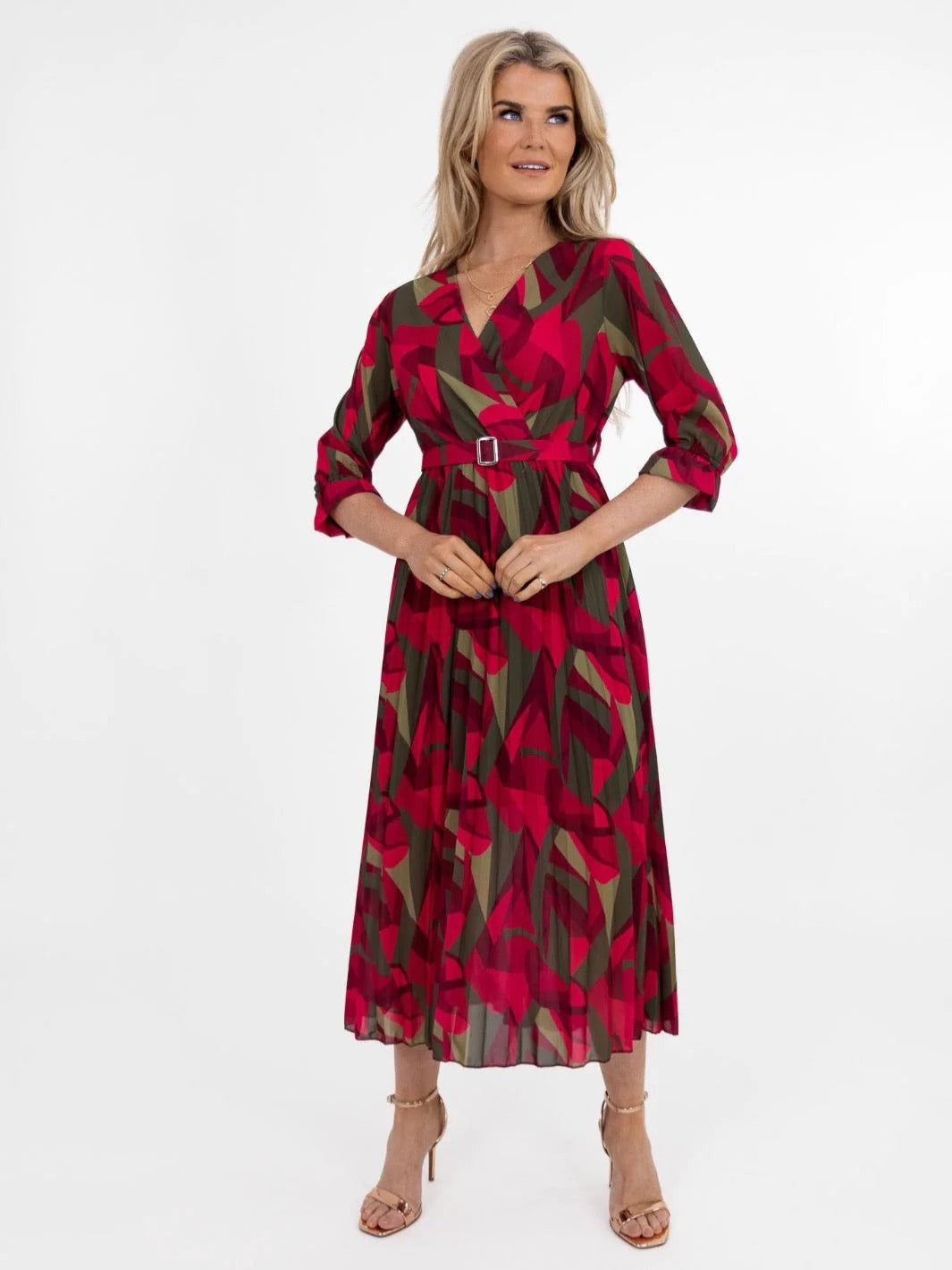 Positano Magenta/Khaki Print Midi Dress