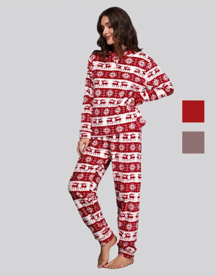 Festive Grey Fluffy Christmas Pyjamas Raspberry Red