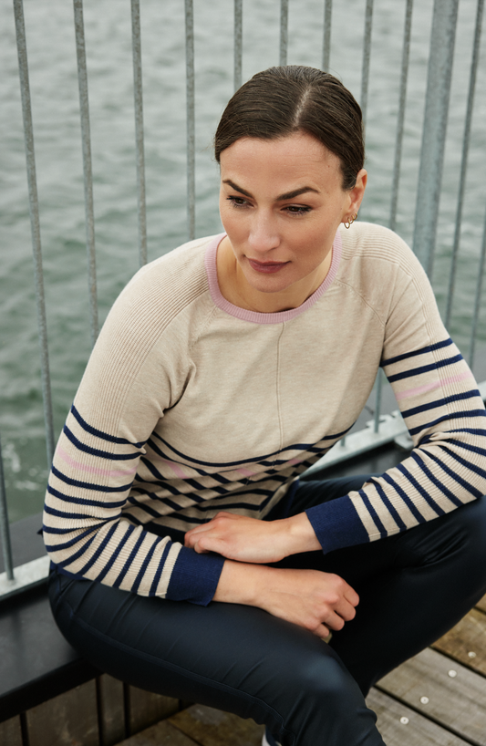 Sunday Beige Striped Navy and Pink Pullover
