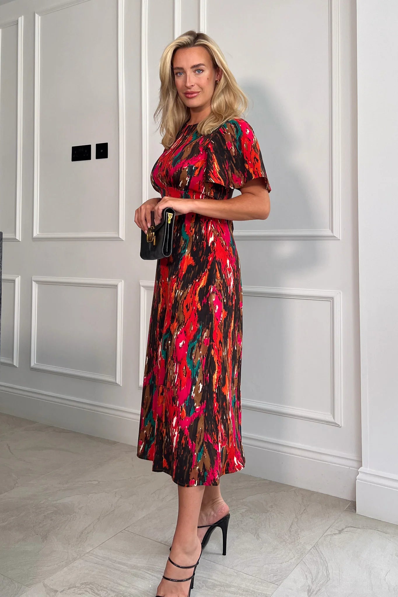 Britney Red Abstract Angel Sleeve Split Leg Midi Dress