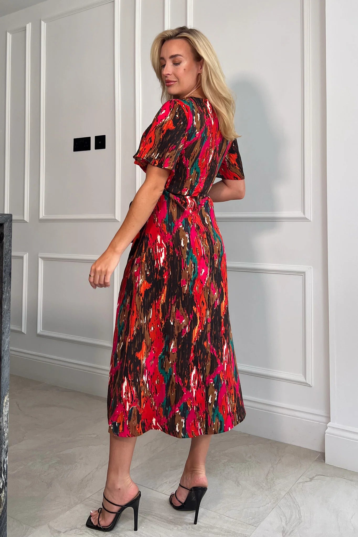Britney Red Abstract Angel Sleeve Split Leg Midi Dress