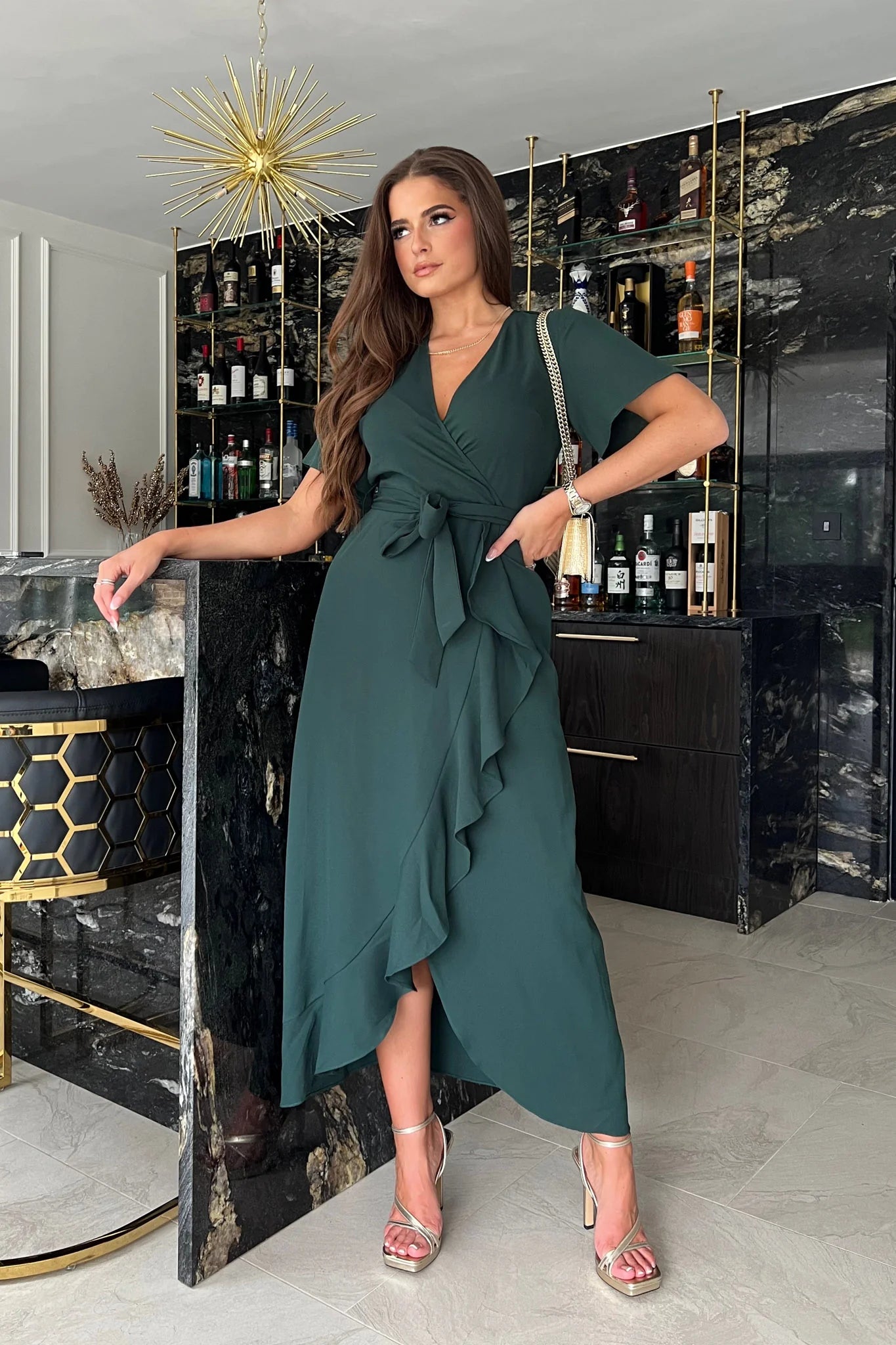 Farrah Green Split Hem Faux Wrap Dress
