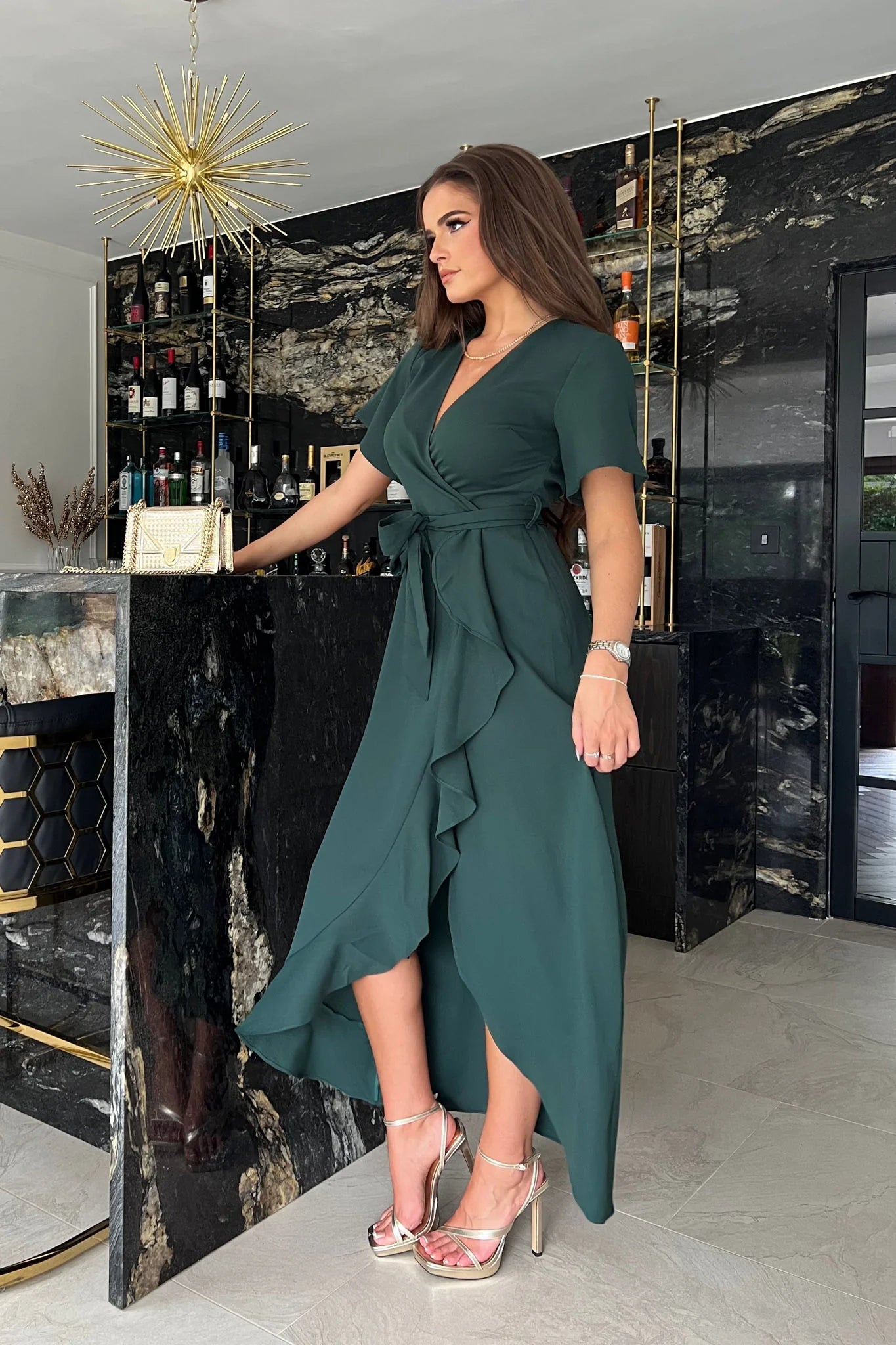 Farrah Green Split Hem Faux Wrap Dress