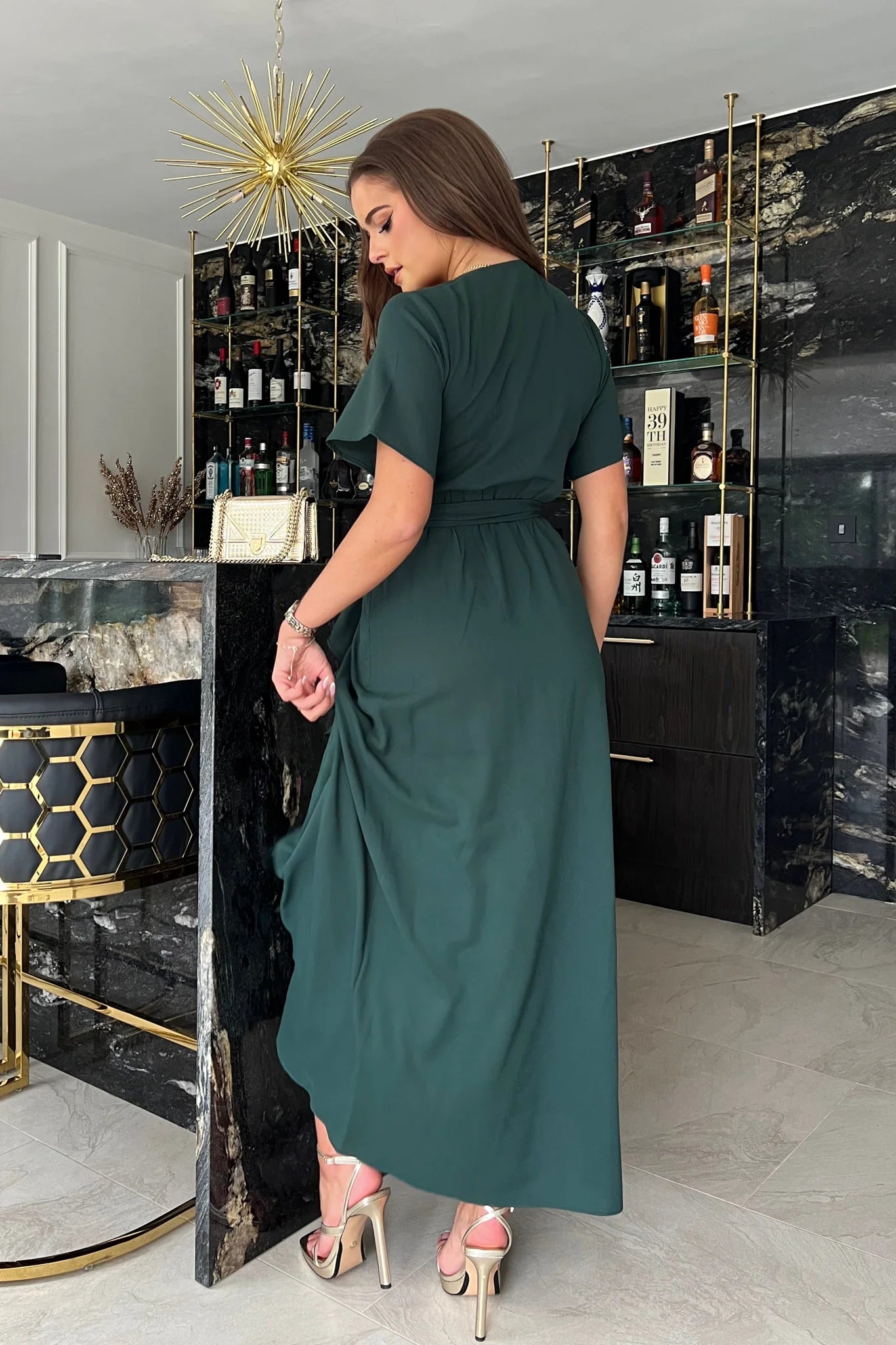 Farrah Green Split Hem Faux Wrap Dress