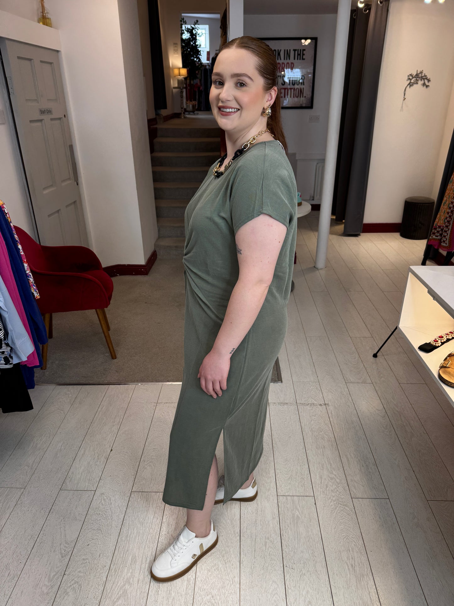 Olivia Khaki Twist Shift Dress