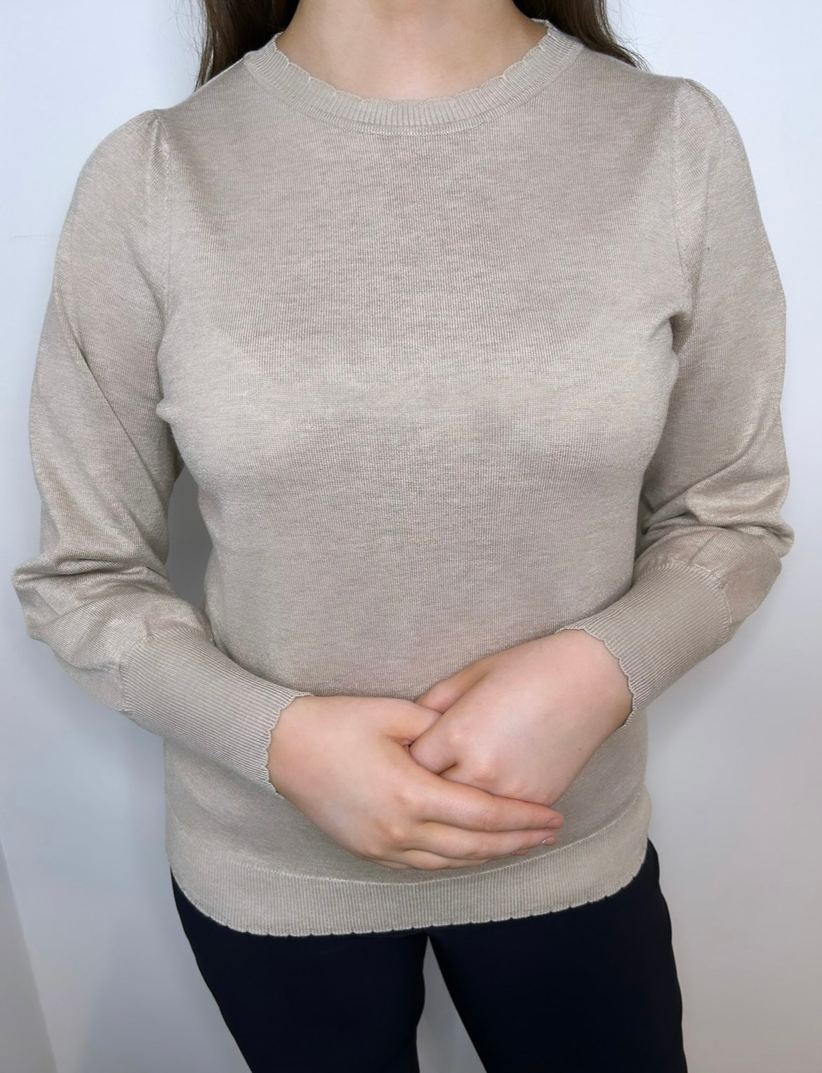 Sunday Beige Scallop Edge Pullover