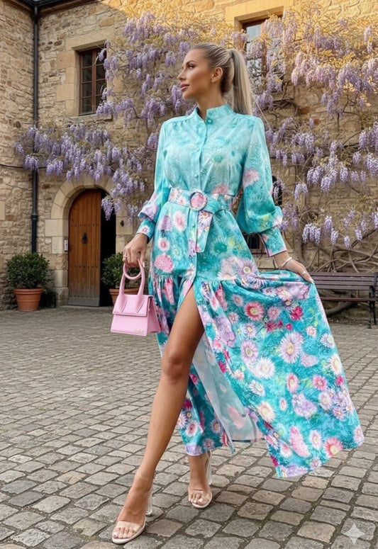 Kristy Turquoise Floral Shirt Dress