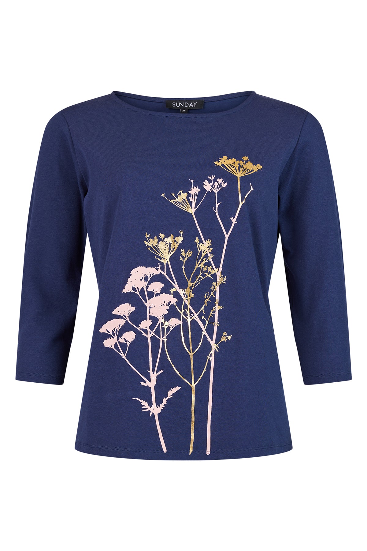 Sunday Navy Cotton Round Neck Print Top