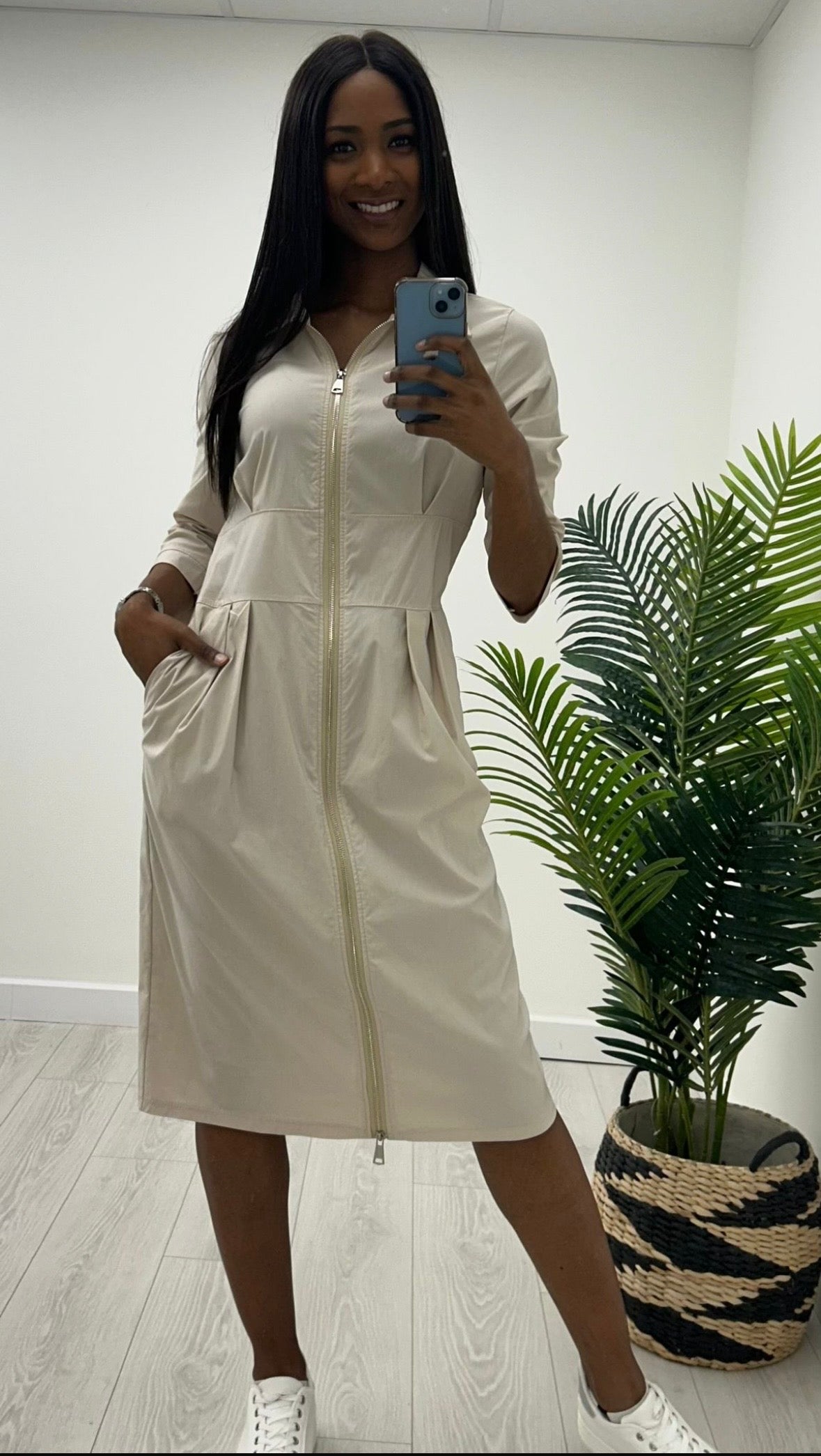 Kayla Beige Zip Midi Dress