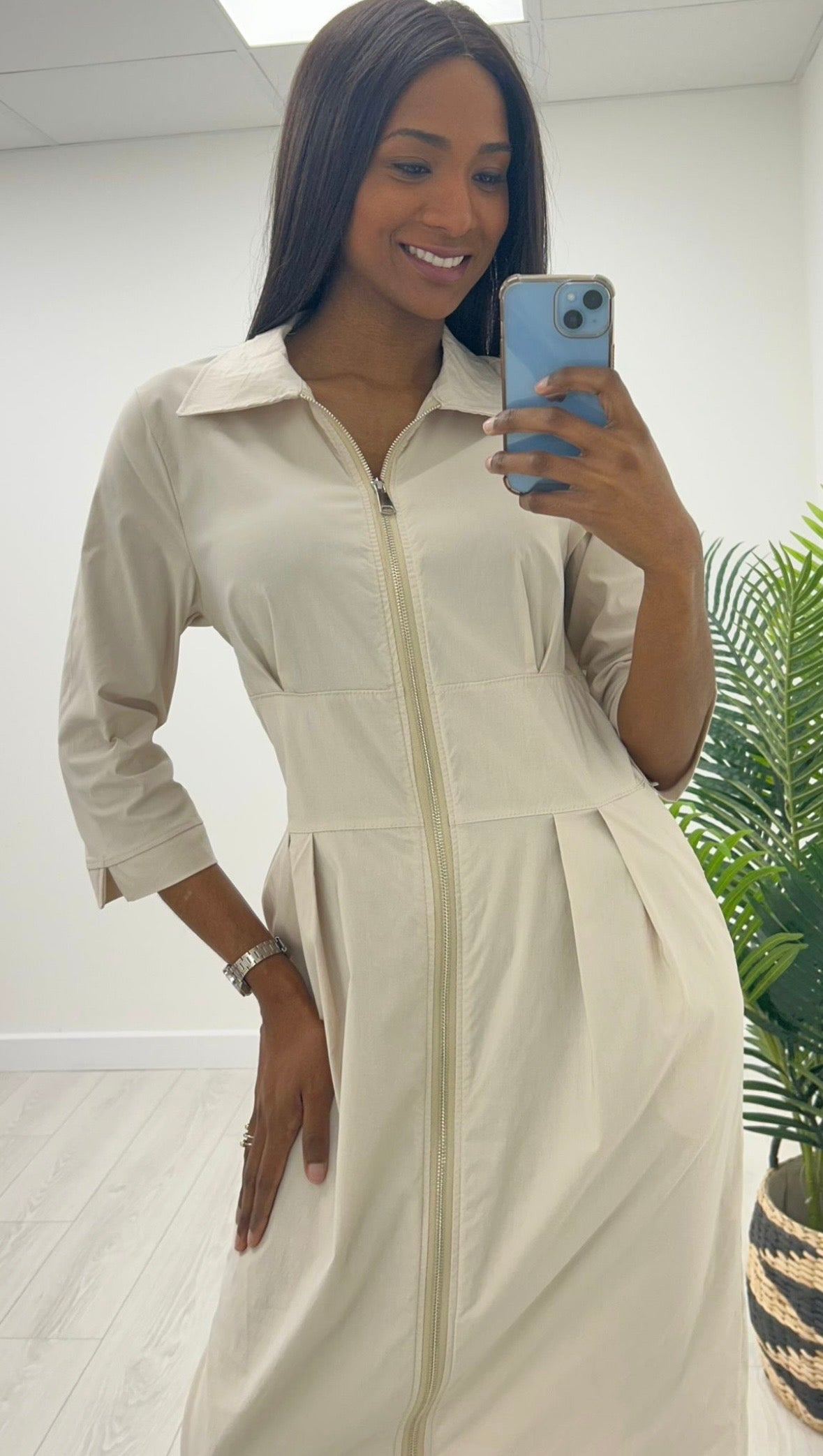 Kayla Beige Zip Midi Dress