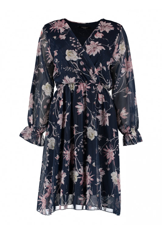 Sina Navy Flower Faux Wrap Dress