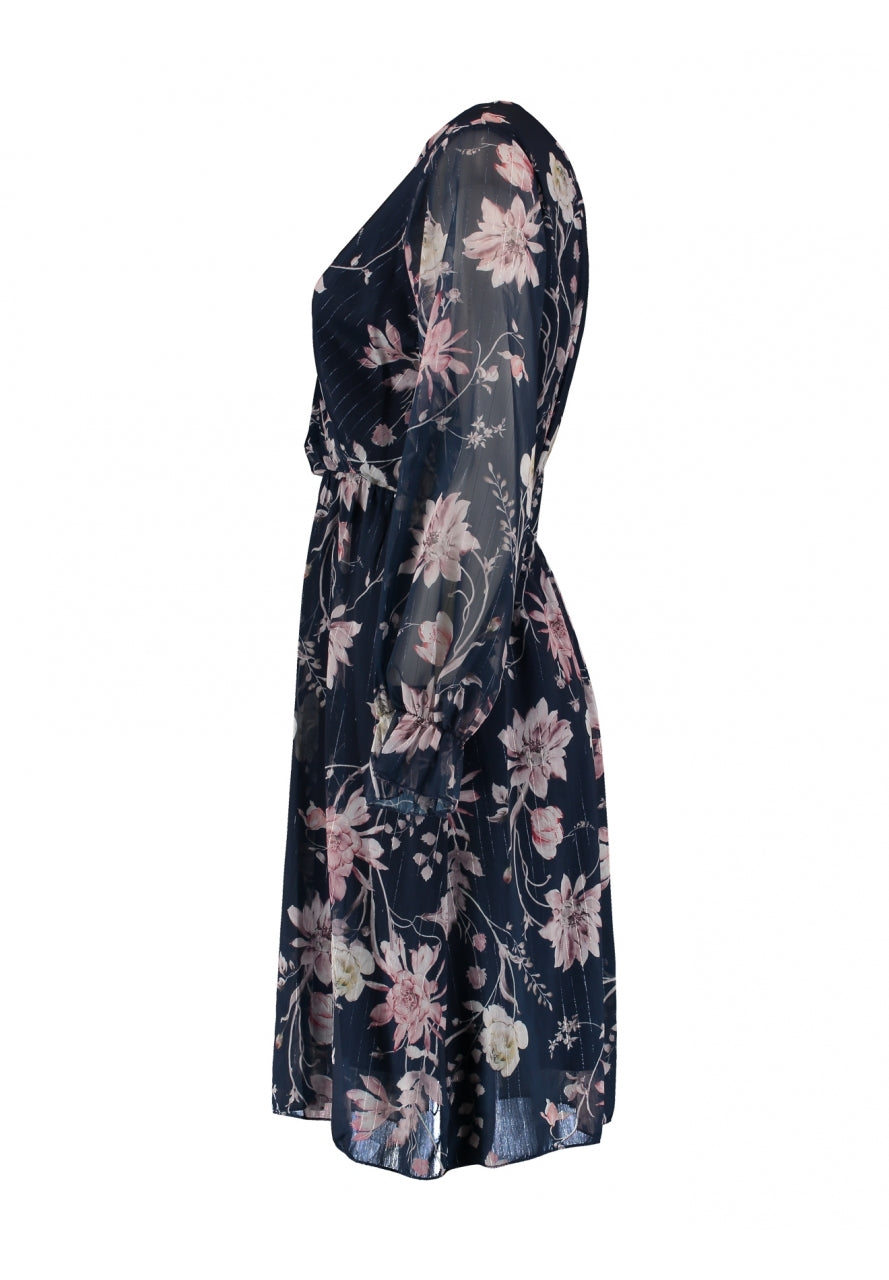 Sina Navy Flower Faux Wrap Dress