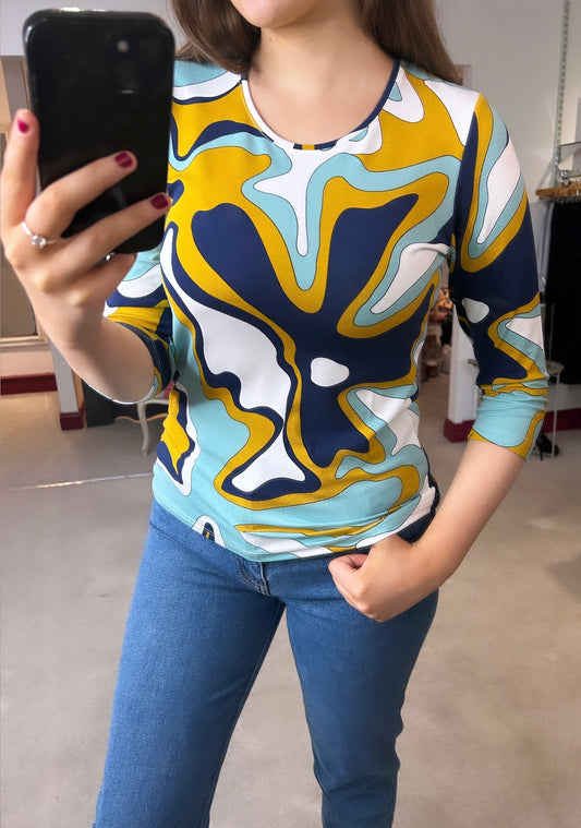 Julia Turquoise Abstract Print Top