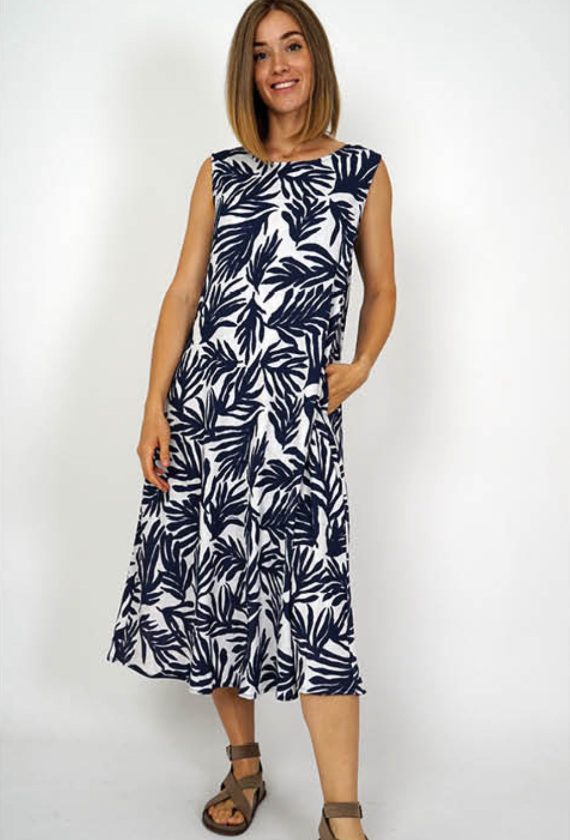 Sandra Navy Leaf Print Sleeveless Dress