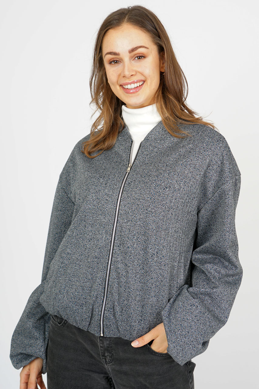 Carrie Grey Herringbone Print Bomber