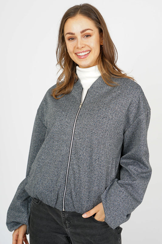 Carrie Grey Herringbone Print Bomber