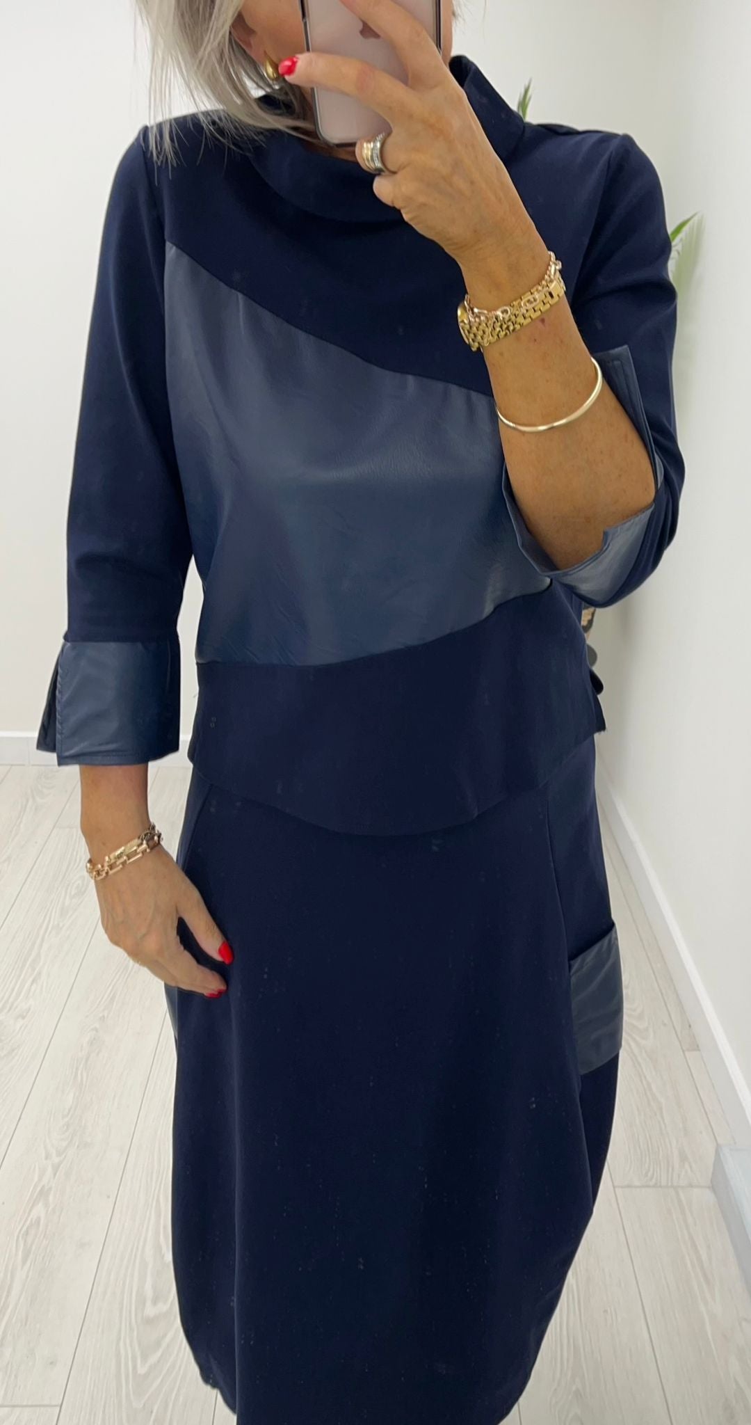 Carley Navy Leather Panel Blouse