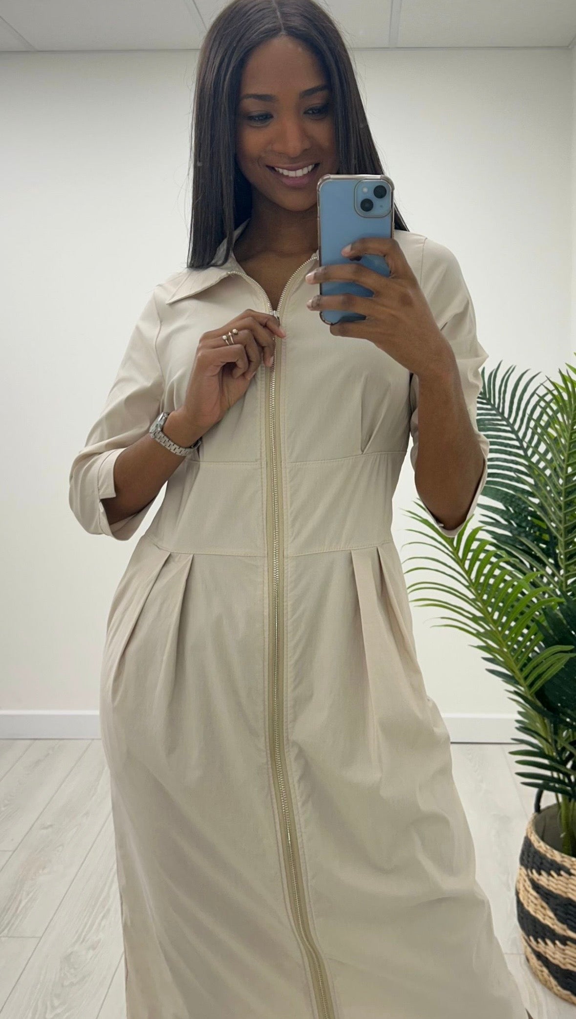 Kayla Beige Zip Midi Dress
