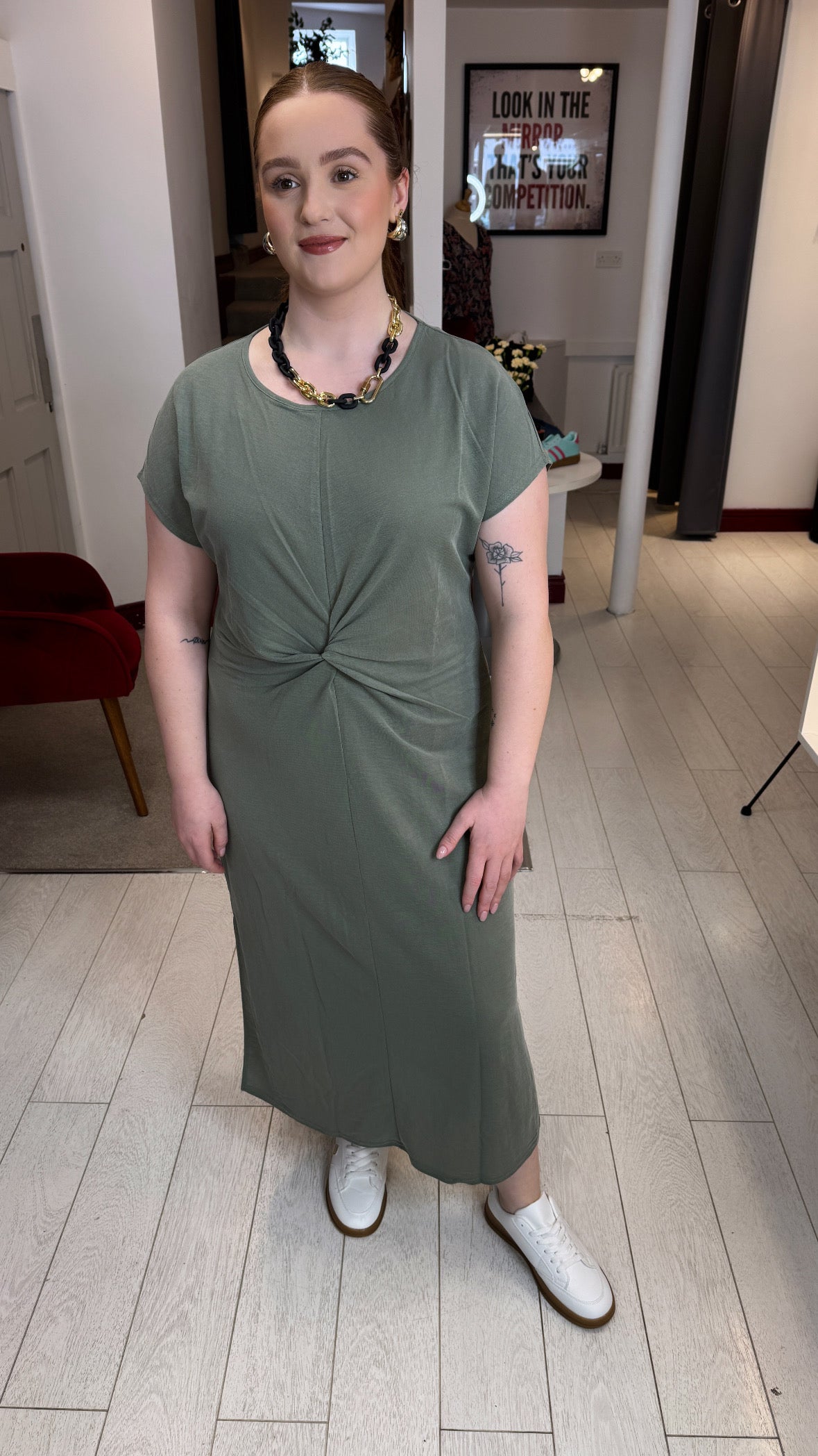 Olivia Khaki Twist Shift Dress