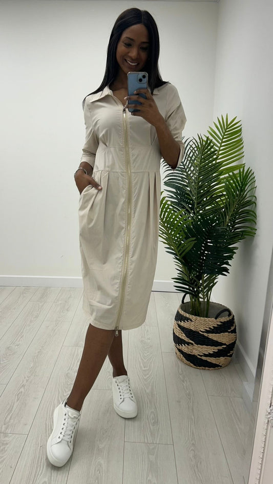 Kayla Beige Zip Midi Dress