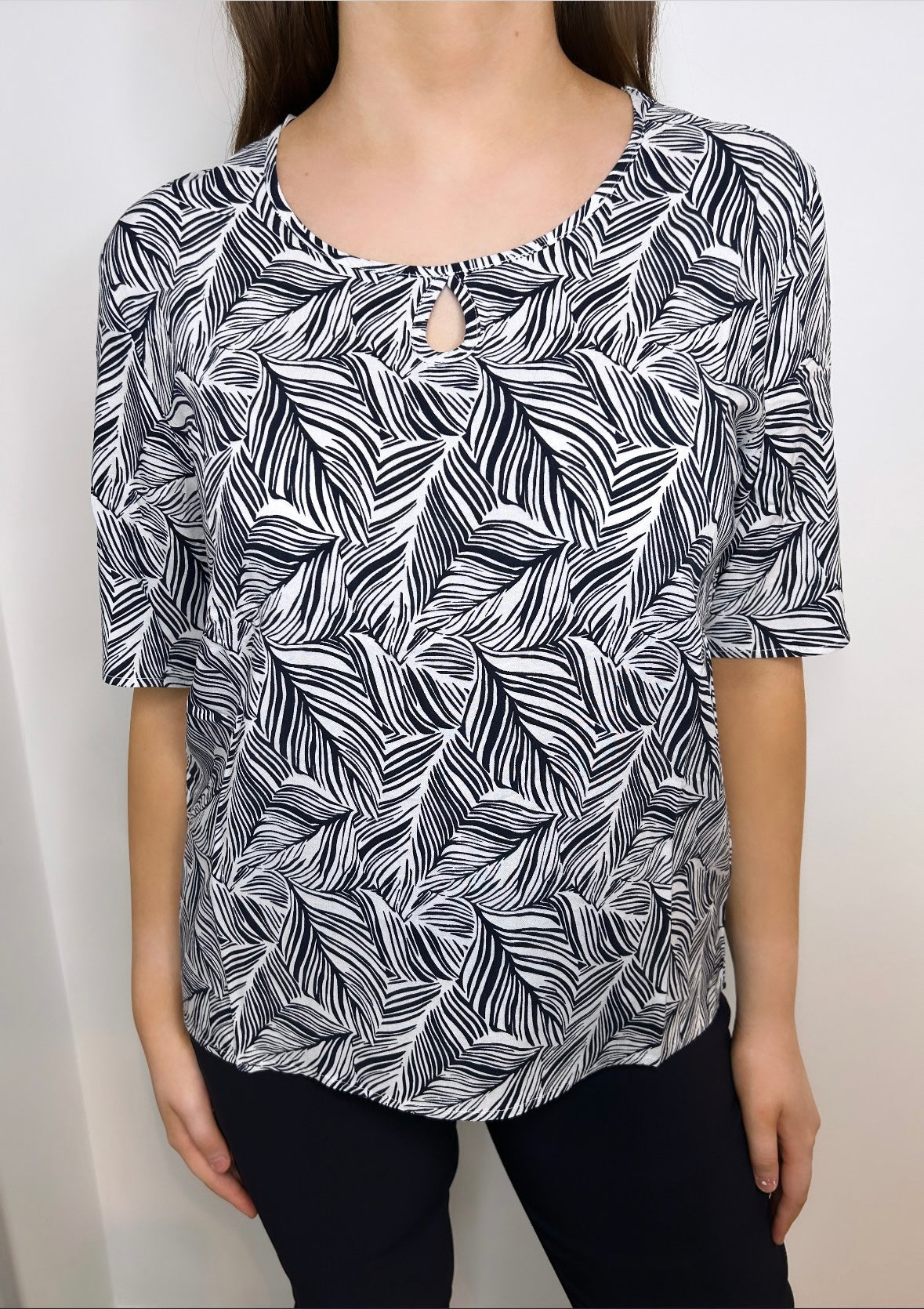 Orlagh Navy Leaf Print Keyhole Blouse